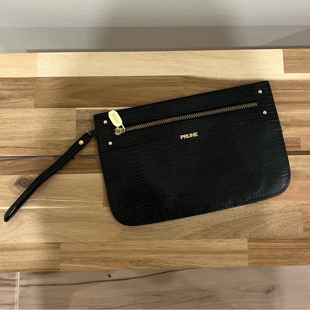 Prune Black Leather Wristlet Clutch